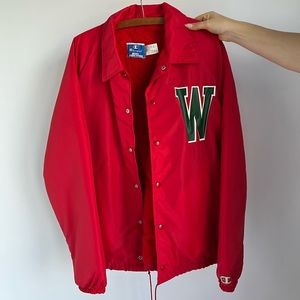Red Champion Varsity Coat - Red Fleece Interior - Green W on front - Size L